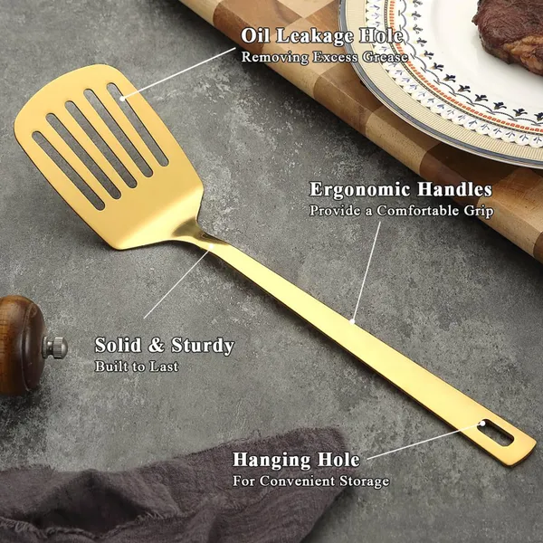 GHARKICHAMAK_Stainless_Steel_Slotted_Turner_with_Oil_Drain_Holes_&_Hanging_Loop_(Gold)_Non-Stick_Spatula