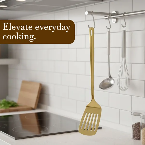 GHARKICHAMAK_Stainless_Steel_Slotted_Turner_with_Oil_Drain_Holes_&_Hanging_Loop_(Gold)_Non-Stick_Spatula