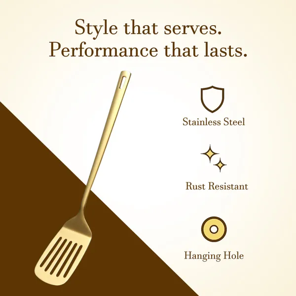 GHARKICHAMAK_Stainless_Steel_Slotted_Turner_with_Oil_Drain_Holes_&_Hanging_Loop_(Gold)_Non-Stick_Spatula