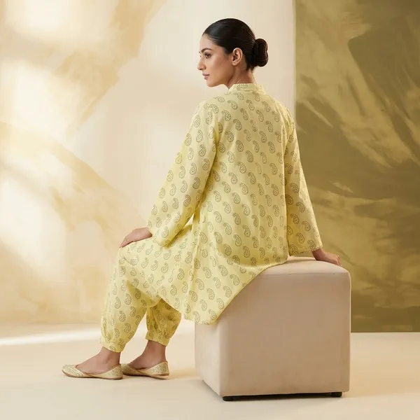 Yellow_Cotton_Paisley_Print_Kurta_Pyjama_Set_For_Women