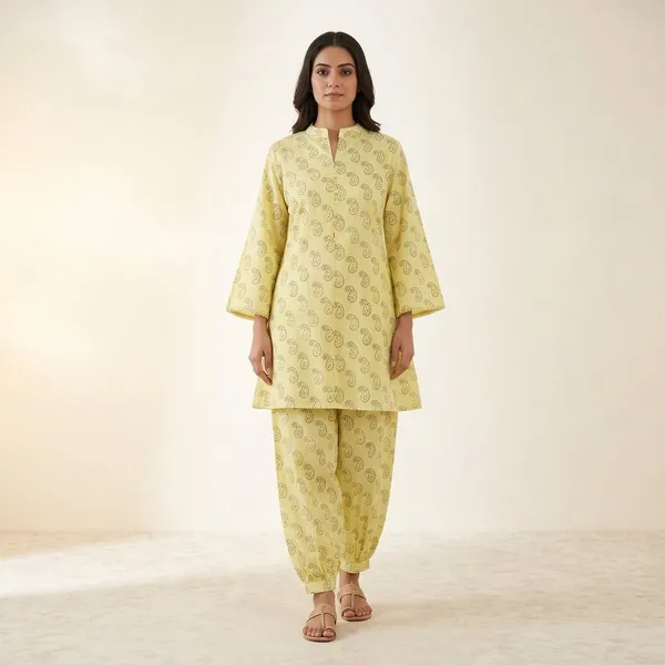 Yellow_Cotton_Paisley_Print_Kurta_Pyjama_Set_For_Women