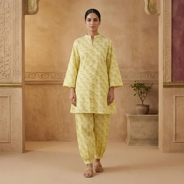 Yellow_Cotton_Paisley_Print_Kurta_Pyjama_Set_For_Women