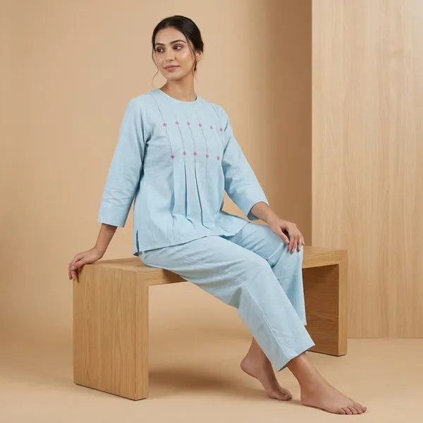 Blue_Cotton_Embroidered_Kurta_Pajama_Set_For_Women