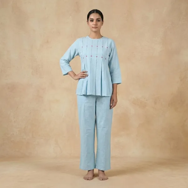 Blue_Cotton_Embroidered_Kurta_Pajama_Set_For_Women