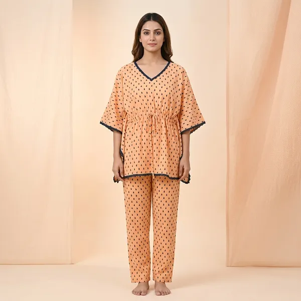 Peach_Cotton_Kaftan_Style_Printed_Nightwear_Set_For_Women