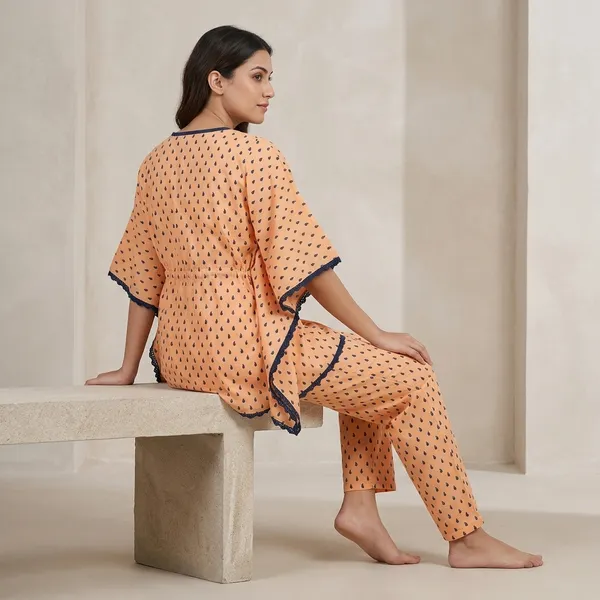 Peach_Cotton_Kaftan_Style_Printed_Nightwear_Set_For_Women