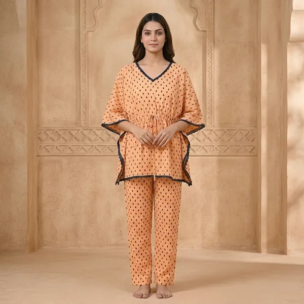 Peach_Cotton_Kaftan_Style_Printed_Nightwear_Set_For_Women