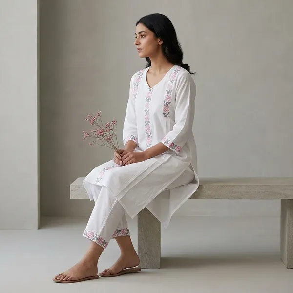 White_Cotton_Floral_Embroidered_Straight_Kurti_Pant_Set_For_Women