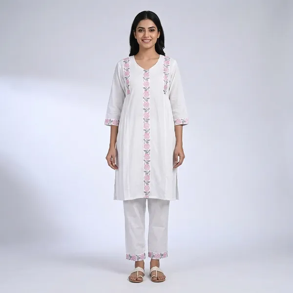 White_Cotton_Floral_Embroidered_Straight_Kurti_Pant_Set_For_Women