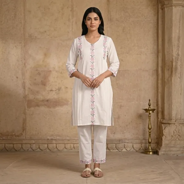 White_Cotton_Floral_Embroidered_Straight_Kurti_Pant_Set_For_Women