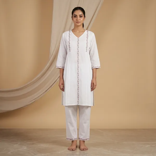 White_Cotton_Embroidered_Kurti_Pant_Set_For_Women