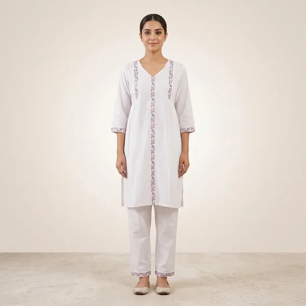 White_Cotton_Floral_Embroidered_Kurti_Pant_Set_For_Women