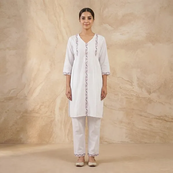 White_Cotton_Floral_Embroidered_Kurti_Pant_Set_For_Women