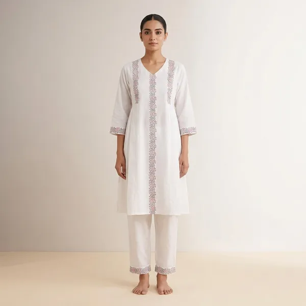 White_Cotton_Straight_Fit_Embroidered_Kurti_Pant_Set_For_Women