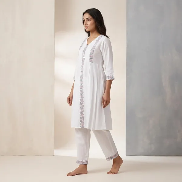 White_Cotton_Straight_Fit_Embroidered_Kurti_Pant_Set_For_Women