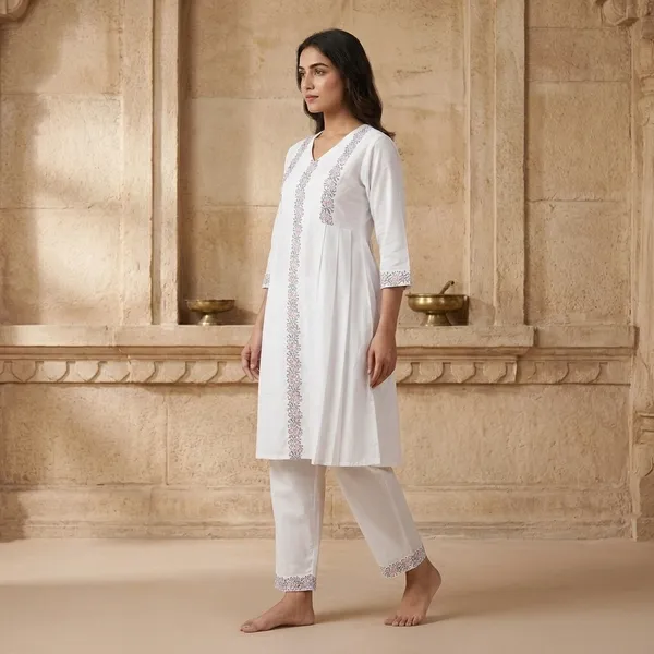 White_Cotton_Straight_Fit_Embroidered_Kurti_Pant_Set_For_Women