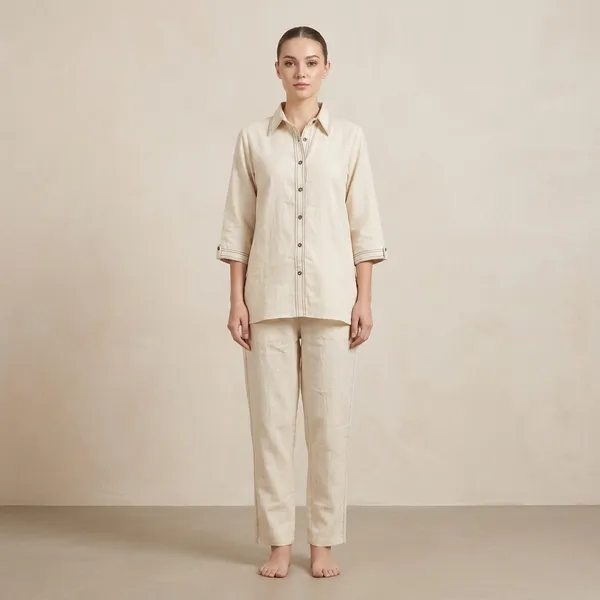 Cream_Linen_Relaxed_Fit_Shirt_Pant_Set_For_Women