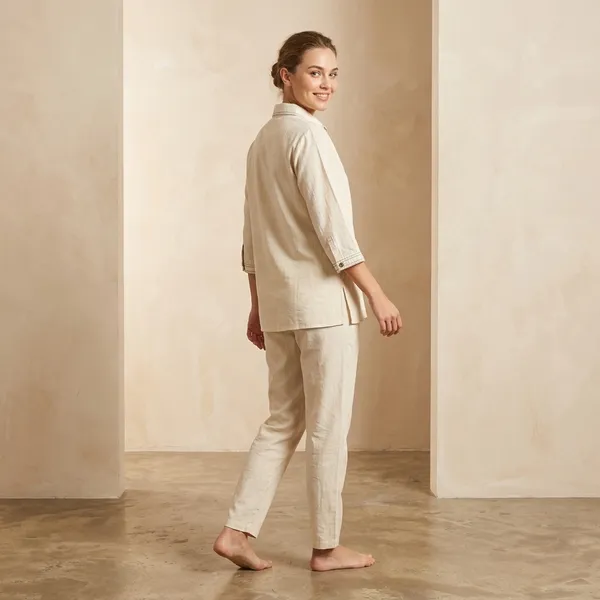 Cream_Linen_Relaxed_Fit_Shirt_Pant_Set_For_Women