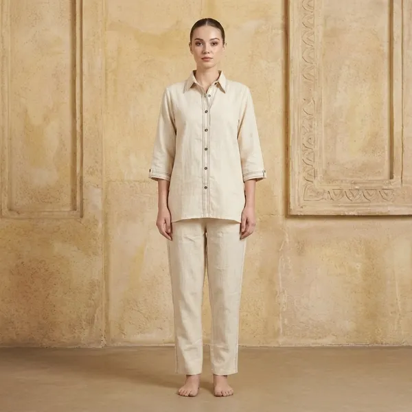 Cream_Linen_Relaxed_Fit_Shirt_Pant_Set_For_Women