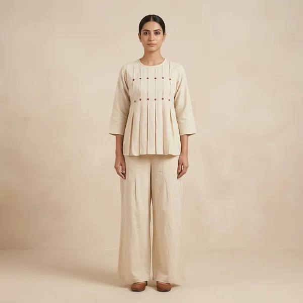 Beige_Cotton_Pleated_Kurta_Palazzo_Set_For_Women