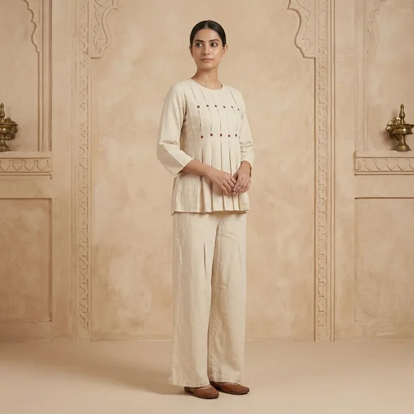 Beige_Cotton_Pleated_Kurta_Palazzo_Set_For_Women