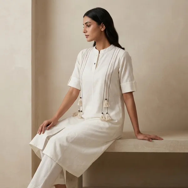 White_Cotton_Embroidered_Tassel_Kurta_For_Women