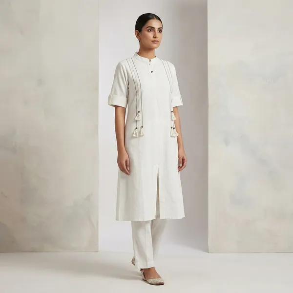 White_Cotton_Embroidered_Tassel_Kurta_For_Women