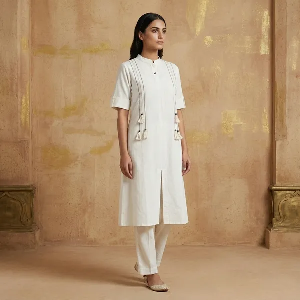 White_Cotton_Embroidered_Tassel_Kurta_For_Women