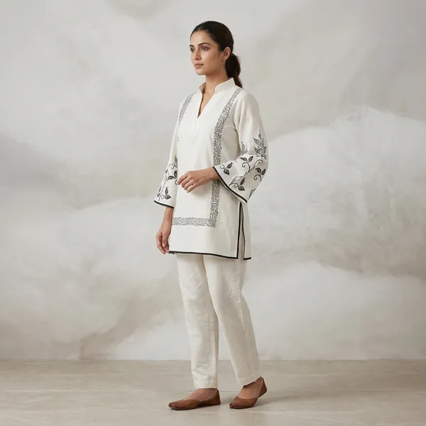 White_Cotton_Embroidered_Short_Kurta_For_Women
