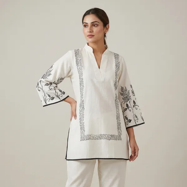 White_Cotton_Embroidered_Short_Kurta_For_Women