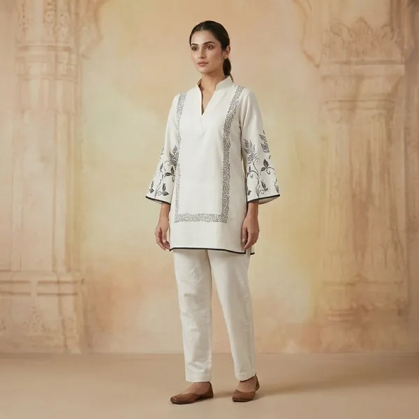 White_Cotton_Embroidered_Short_Kurta_For_Women