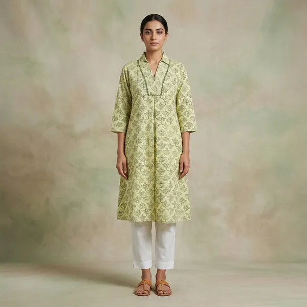 Green_Cotton_A-Line_Printed_Kurta_For_Women