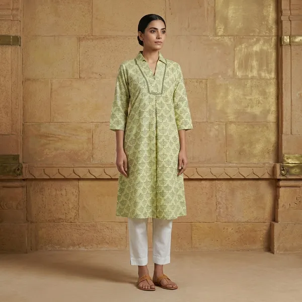 Green_Cotton_A-Line_Printed_Kurta_For_Women