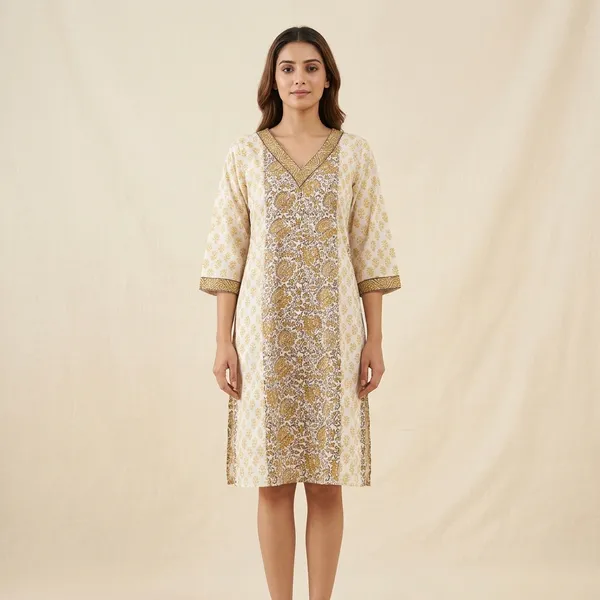 Cream_Cotton_Floral_Embroidered_Knee_Length_Kurta_For_Women
