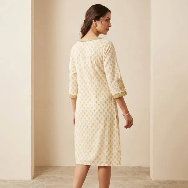 Cream_Cotton_Floral_Embroidered_Knee_Length_Kurta_For_Women
