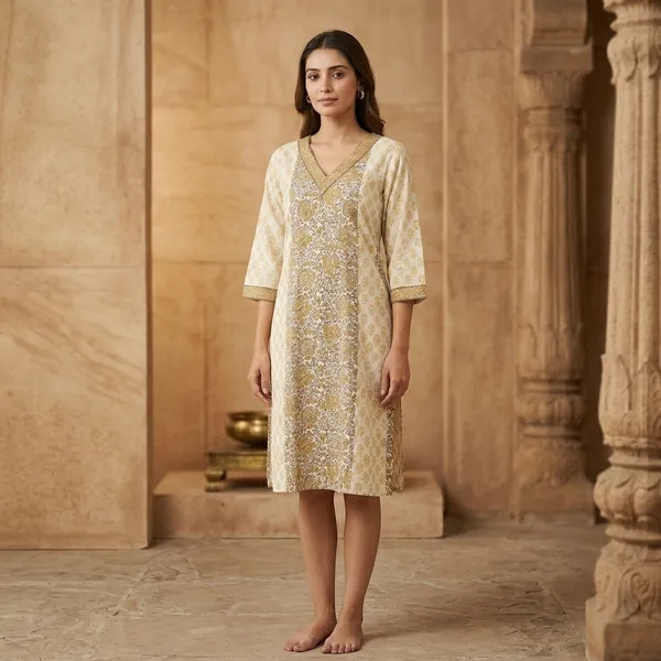 Cream_Cotton_Floral_Embroidered_Knee_Length_Kurta_For_Women