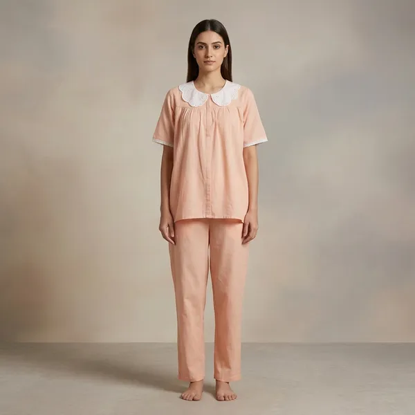 Peach_Cotton_Relaxed_Fit_Peter_Pan_Collar_Top_Pyjama_Set_For_Women