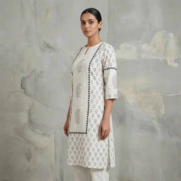 White_Cotton_Block_Printed_Kurta_For_Women