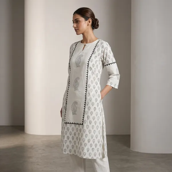 White_Cotton_Block_Printed_Kurta_For_Women