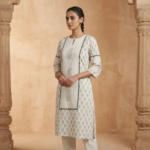White_Cotton_Block_Printed_Kurta_For_Women