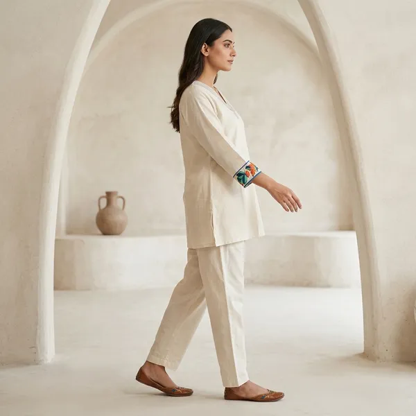 Cream_Cotton_Embroidered_V-Neck_Kurta_Pajama_Set_For_Women