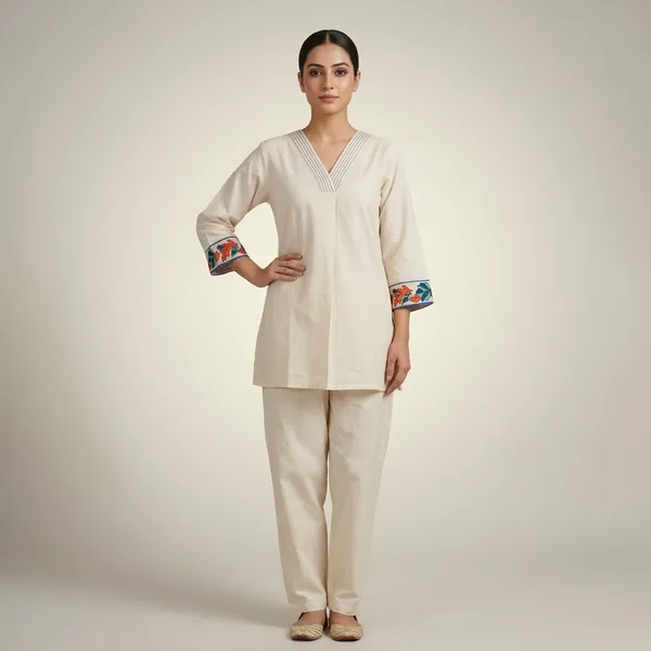 Cream_Cotton_Embroidered_V-Neck_Kurta_Pajama_Set_For_Women