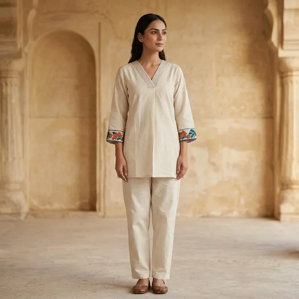 Cream_Cotton_Embroidered_V-Neck_Kurta_Pajama_Set_For_Women