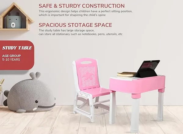 Pink_Kids_Functional_Desk_Chair_Set_3-12_Years_Boys_Girls_/_Kids_Study_Table_With_Bookholder