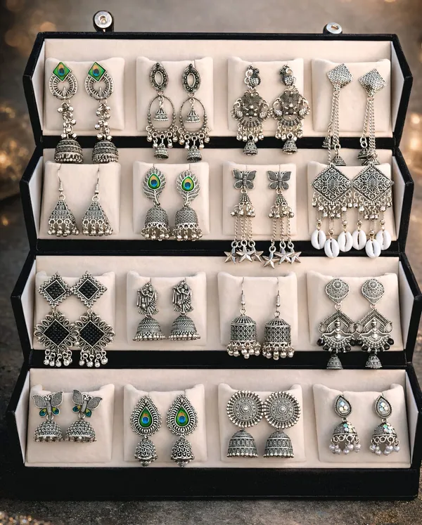 Premium_Silver_Earrings_16_pair_With_Black_Velvet_Jhumka_box_–_Traditional_&_Party_Wear_Collection