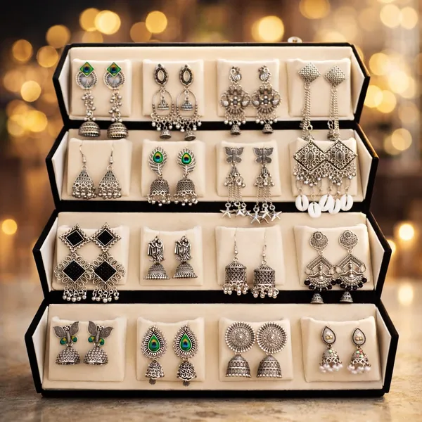Premium_Silver_Earrings_16_pair_With_Black_Velvet_Jhumka_box_–_Traditional_&_Party_Wear_Collection