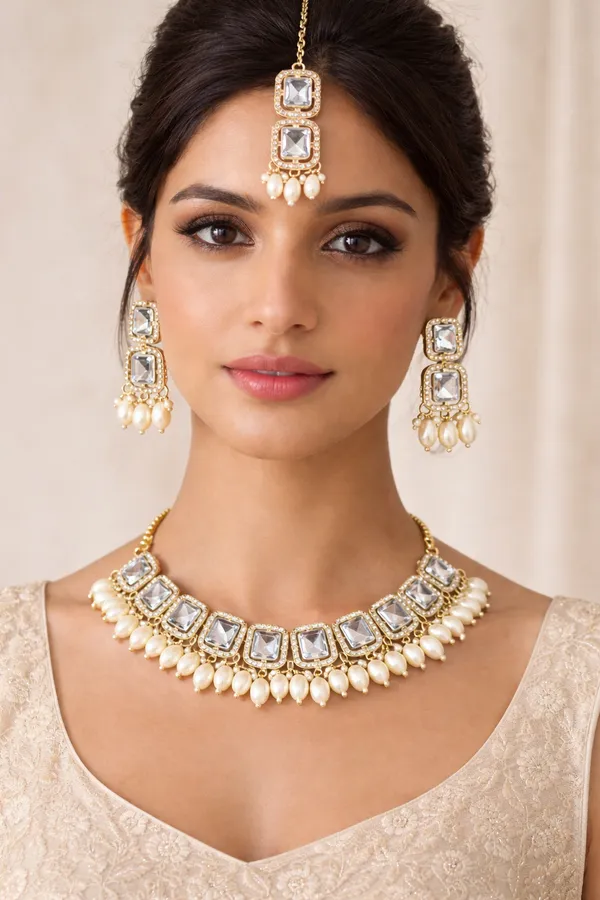 White_And_Gold_Elegant_Design_Alloy_Necklace_Set_For_Women