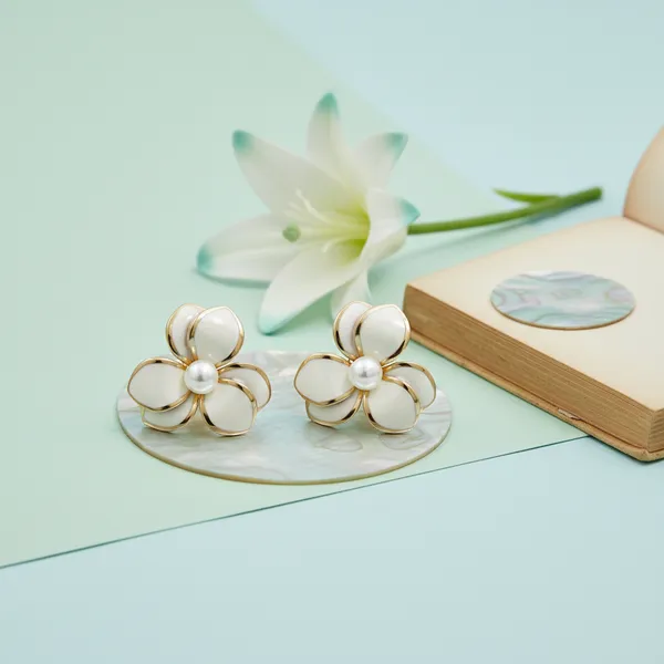 White_And_Gold_Ivory_Pearl_Blossom_Stud_Earrings_For_Women