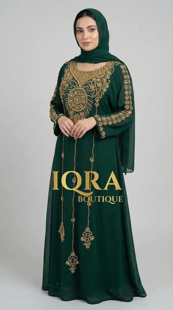 Bottle_Green_Georgette_Gown_With_Hijab_For_Women