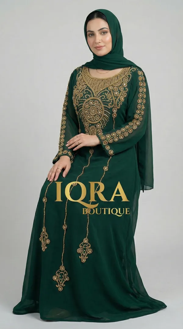 Bottle_Green_Georgette_Gown_With_Hijab_For_Women